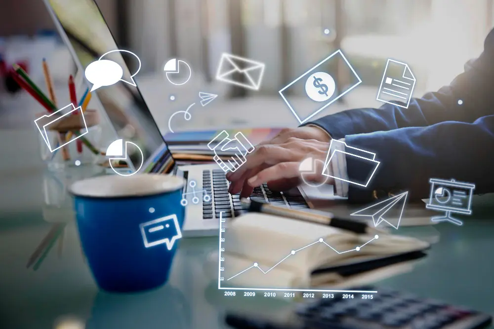 social media marketing agency,Person using a laptop with social media marketing icons, analytics charts, email, messaging, and digital communication symbols representing online marketing services